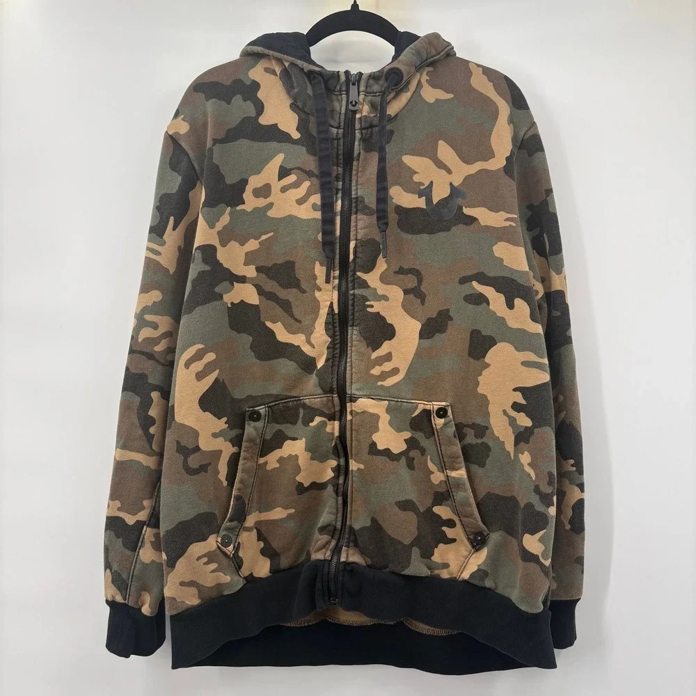 True Religion Men's 2XL Camo Full Zip Hooded Fleece Hoodie Pockets